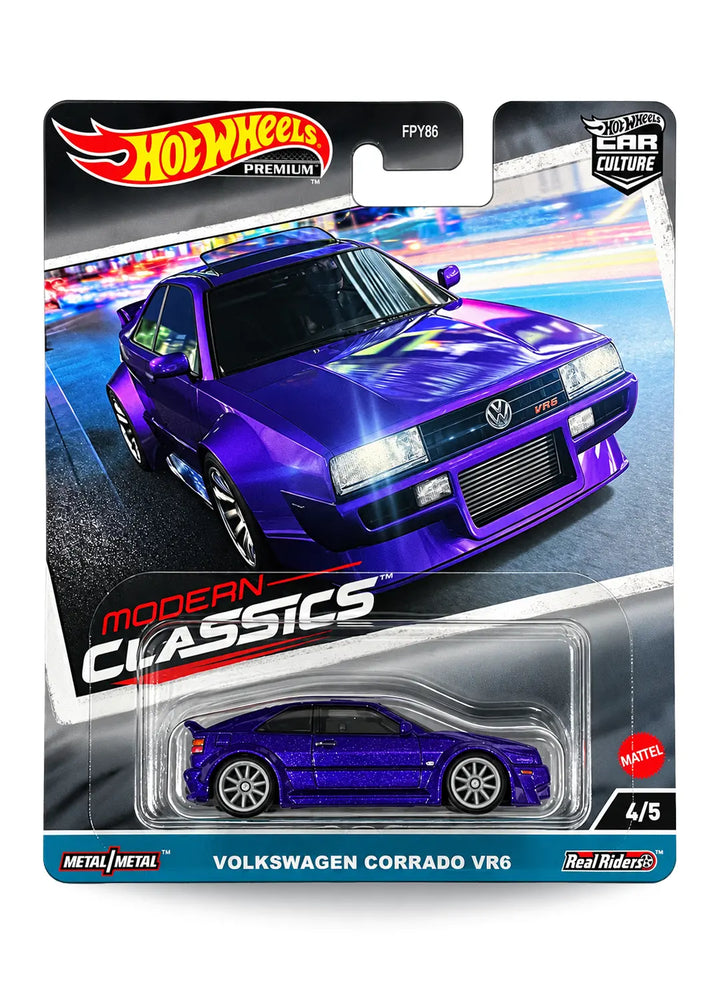 Hot Wheels Car Culture Modern Classics Volkswagen Corrado VR6 1:64 scale premium diecast car mint on its original highly collectible 4/5 variant blister card showcasing a metallic purple royal violet premium palette finish.