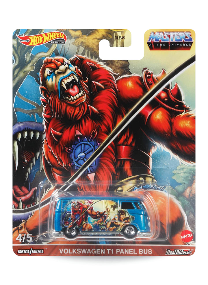 Hot Wheels Pop Culture Masters of the Universe Beast Man Volkswagen T1 Panel Bus 1:64 scale premium diecast van mint on its original jungle blister card.