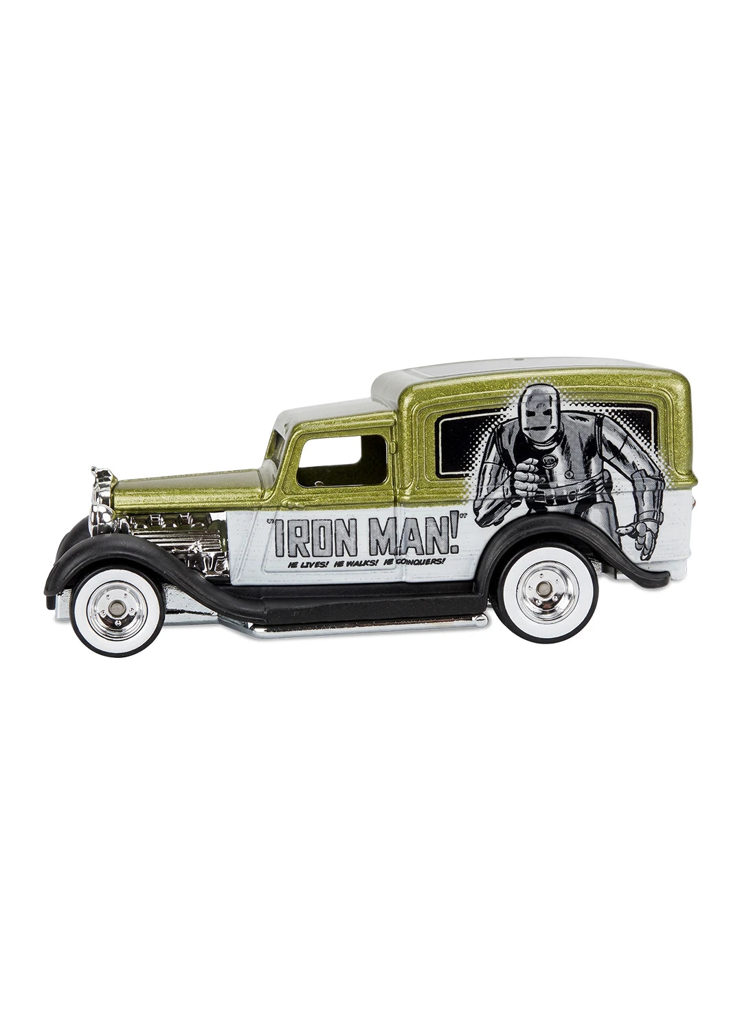 Close-up view of the raw silver Hot Wheels Iron Man '34 Dodge Delivery truck showing side panel graphics and white-wall Real Riders wheels.