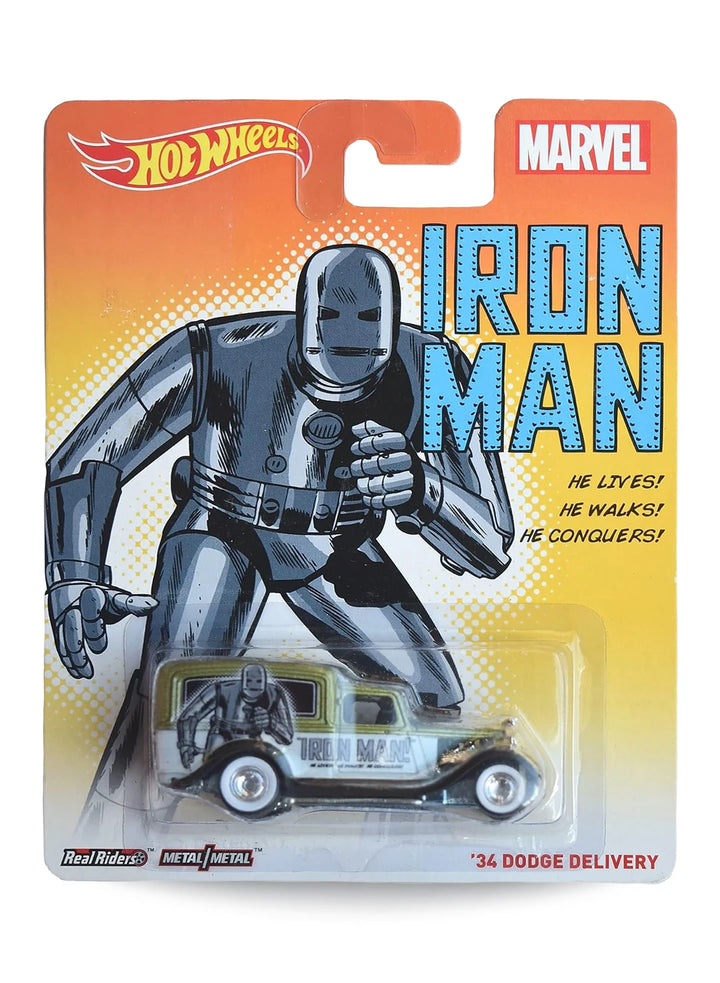 Hot Wheels Pop Culture Marvel Iron Man '34 Dodge Delivery 1:64 scale diecast truck mint on its original retro comic art blister card.
