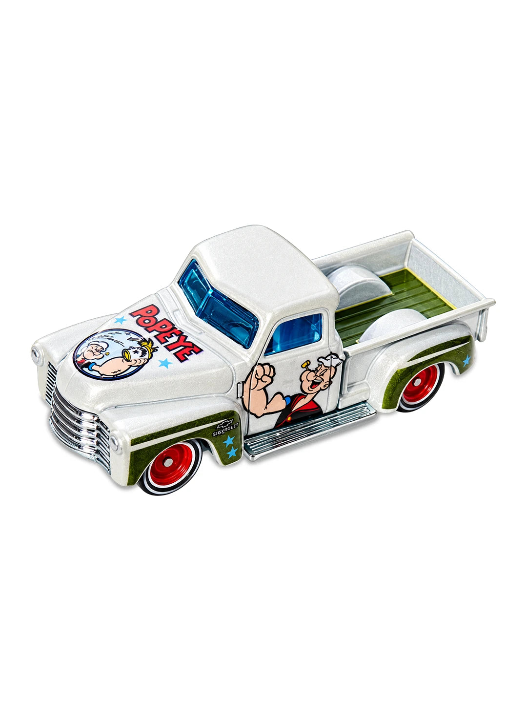 Close-up view of the pearl white Hot Wheels 2013 Popeye '52 Chevy Truck showing side character graphics and redline Real Riders wheels.