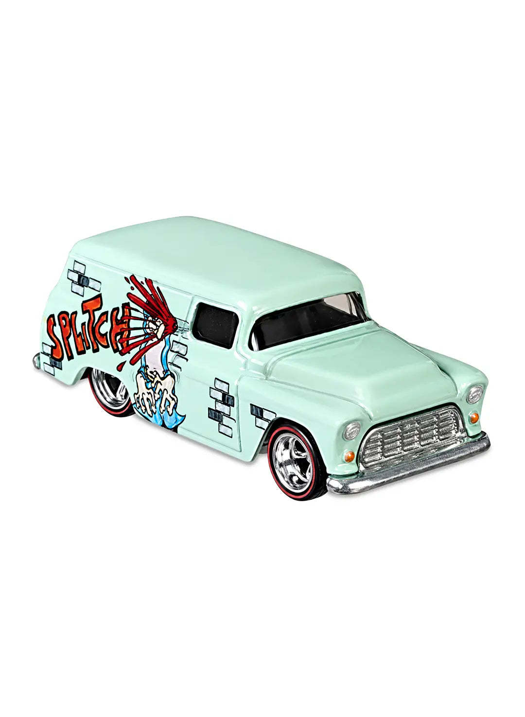 Close-up view of the mint green Hot Wheels Sergio Aragonés '55 Chevy Panel truck showing side comic action graphics and chrome Real Riders wheels.