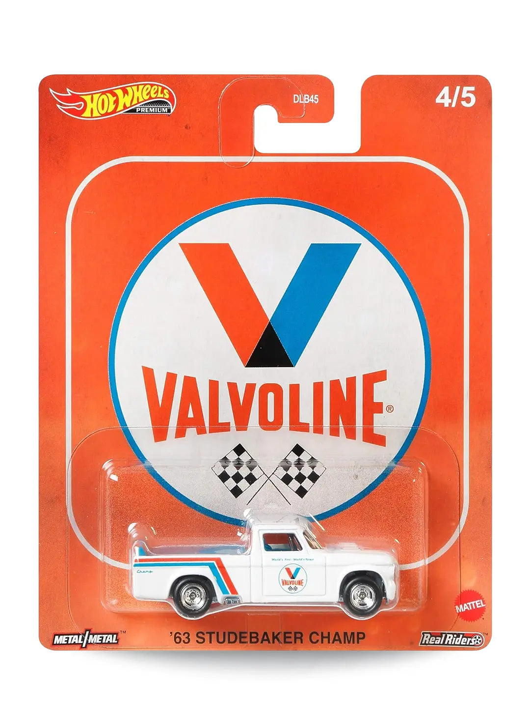 Hot Wheels Pop Culture Vintage Oil Valvoline '63 Studebaker Champ 1:64 scale premium diecast truck mint on its original checkered flag card.