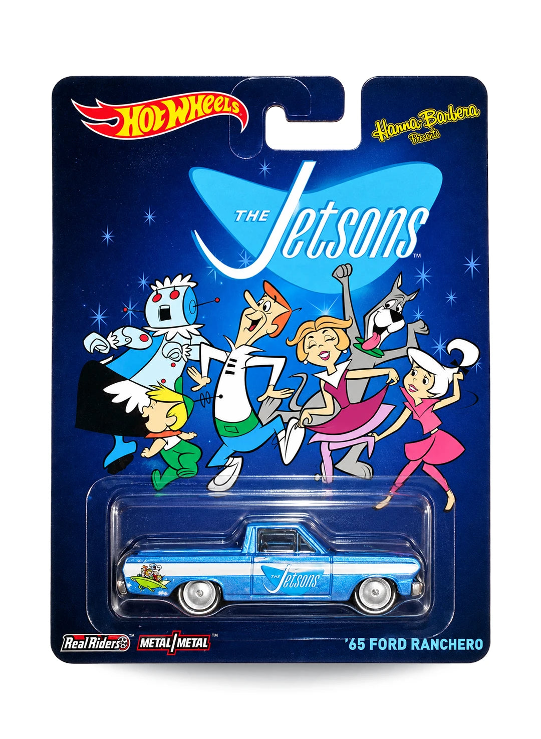 Hot Wheels Pop Culture Hanna-Barbera The Jetsons '65 Ford Ranchero 1:64 scale diecast car mint on its original retro futuristic family blister card.