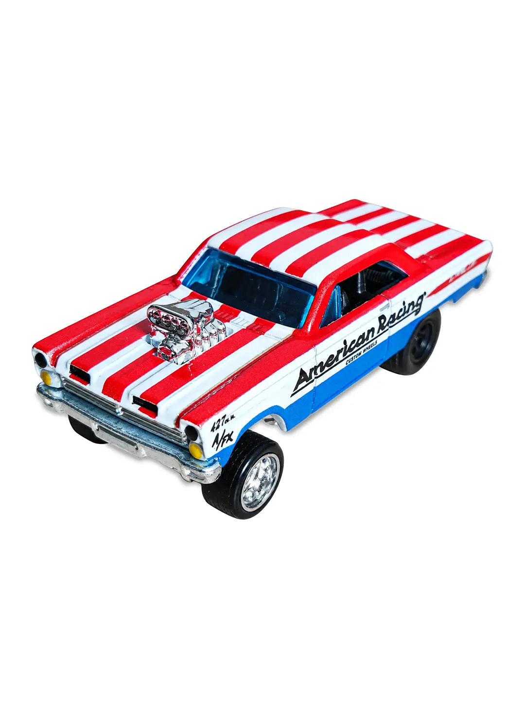 Close-up view of the white and blue Hot Wheels American Racing '65 Mercury Comet Cyclone gasser showing side vintage sponsor graphics and mismatched front/rear Real Riders wheels.