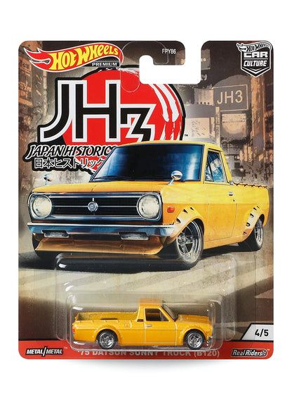 Hot Wheels Car Culture Japan Historics 3 '75 Datsun Sunny Truck (B120) 1:64 scale premium diecast pickup truck mint on its original yellow-themed JH3 blister card.