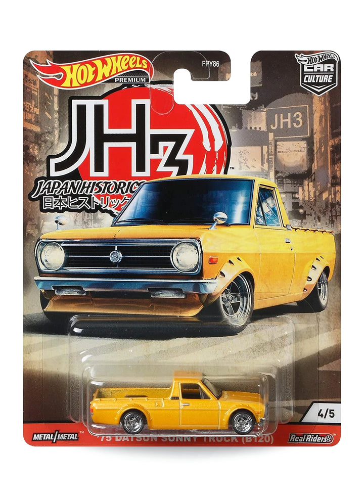 Hot Wheels Car Culture Japan Historics 3 '75 Datsun Sunny Truck (B120) 1:64 scale premium diecast pickup truck mint on its original yellow-themed JH3 blister card.