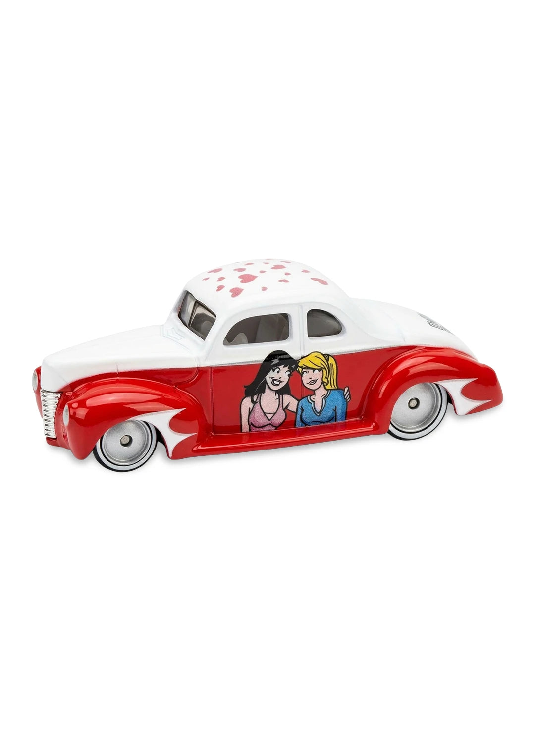 Close-up view of the red and white Hot Wheels 2013 Archie Comics '40 Ford Coupe showing side Betty and Veronica graphics and chrome Real Riders wheels.