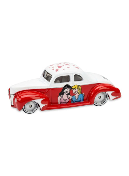 Close-up view of the red and white Hot Wheels 2013 Archie Comics '40 Ford Coupe showing side Betty and Veronica graphics and chrome Real Riders wheels.