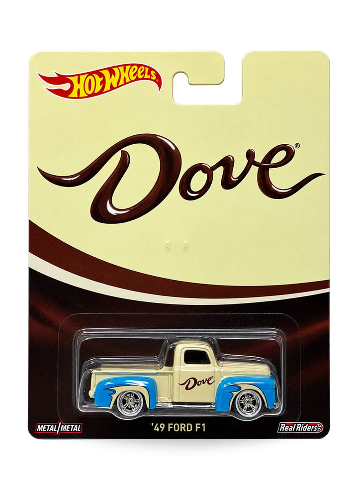 Hot Wheels Premium Pop Culture Mars Candy Dove Chocolate '49 Ford F1 1:64 scale diecast truck mint on its original elegant branded blister card.