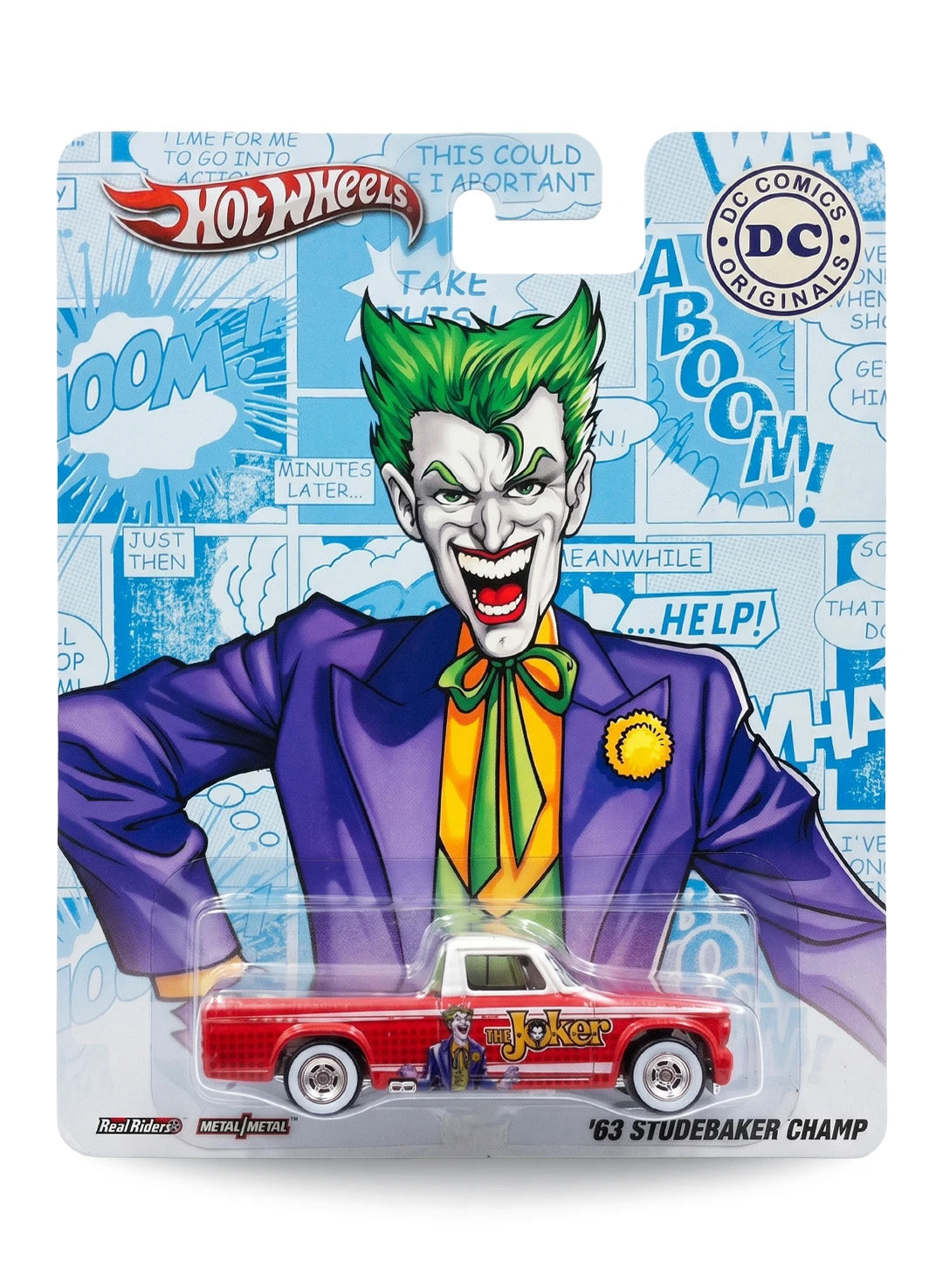 Hot Wheels Pop Culture DC Comics Originals The Joker '63 Studebaker Champ 1:64 scale diecast truck mint on its original comic art blister card.