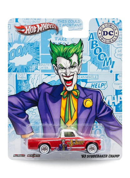 Hot Wheels Pop Culture DC Comics Originals The Joker '63 Studebaker Champ 1:64 scale diecast truck mint on its original comic art blister card.
