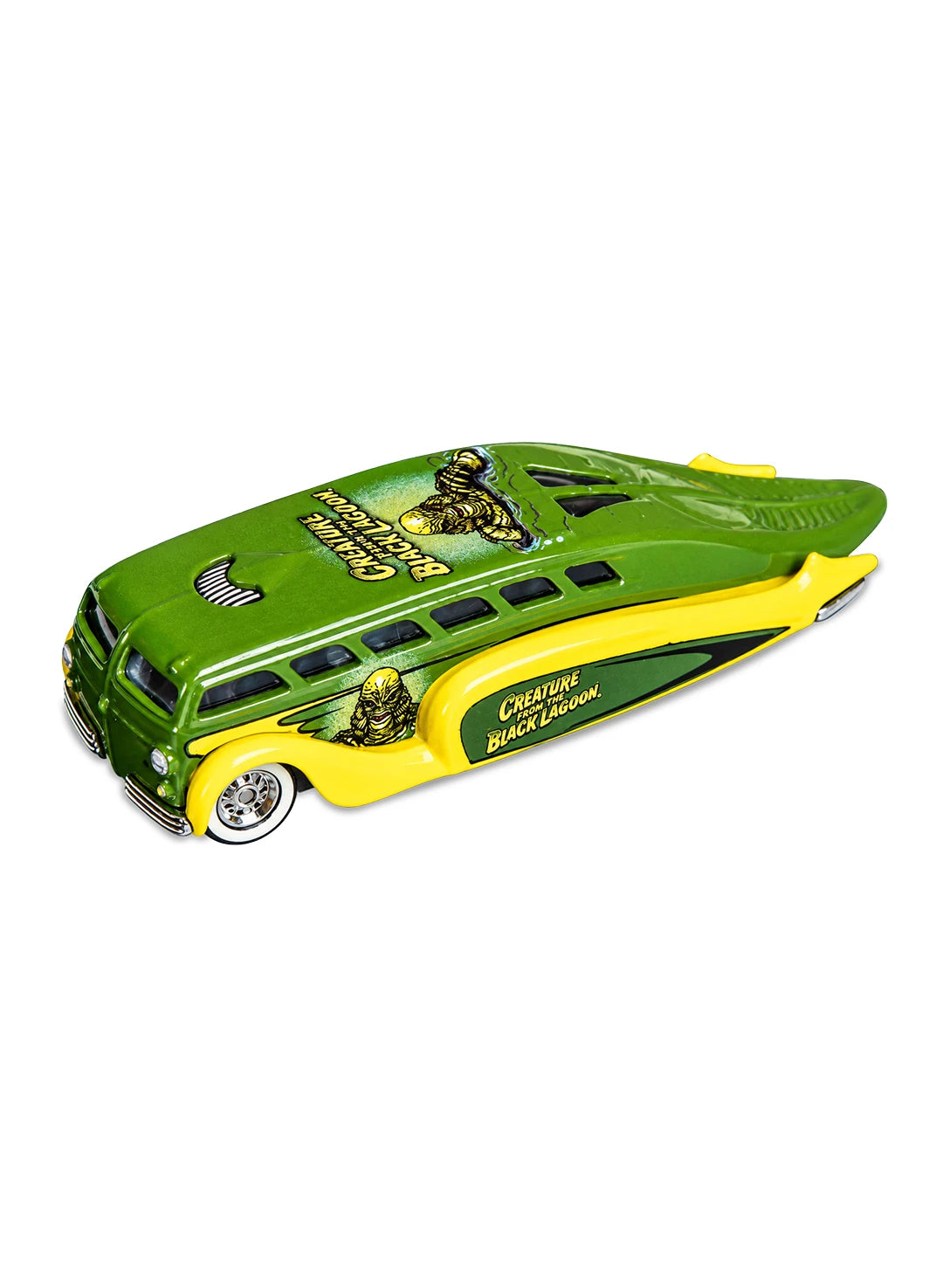 Close-up view of the metallic green and yellow Hot Wheels 2013 Universal Monsters Creature from the Black Lagoon Low Flow showing side character graphics and chrome Real Riders wheels.