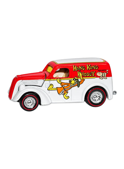 Close-up view of the metallic silver Hot Wheels Hong Kong Phooey Anglia Panel Truck showing side martial arts graphics and redline Real Riders wheels.