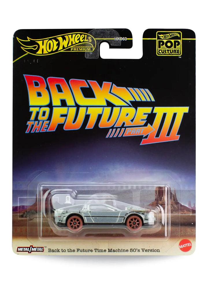 Hot Wheels Premium Pop Culture Back to the Future Time Machine 50's Version 1:64 scale premium diecast car mint on its original movie-themed blister card.