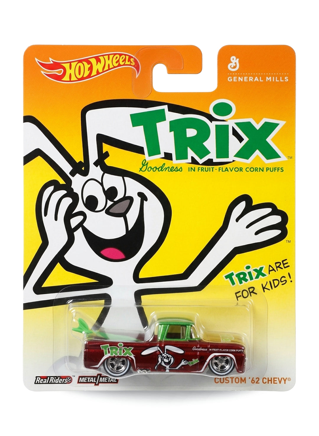 Hot Wheels Pop Culture General Mills Trix Custom '62 Chevy 1:64 scale diecast pickup truck mint on its original cereal box art blister card.
