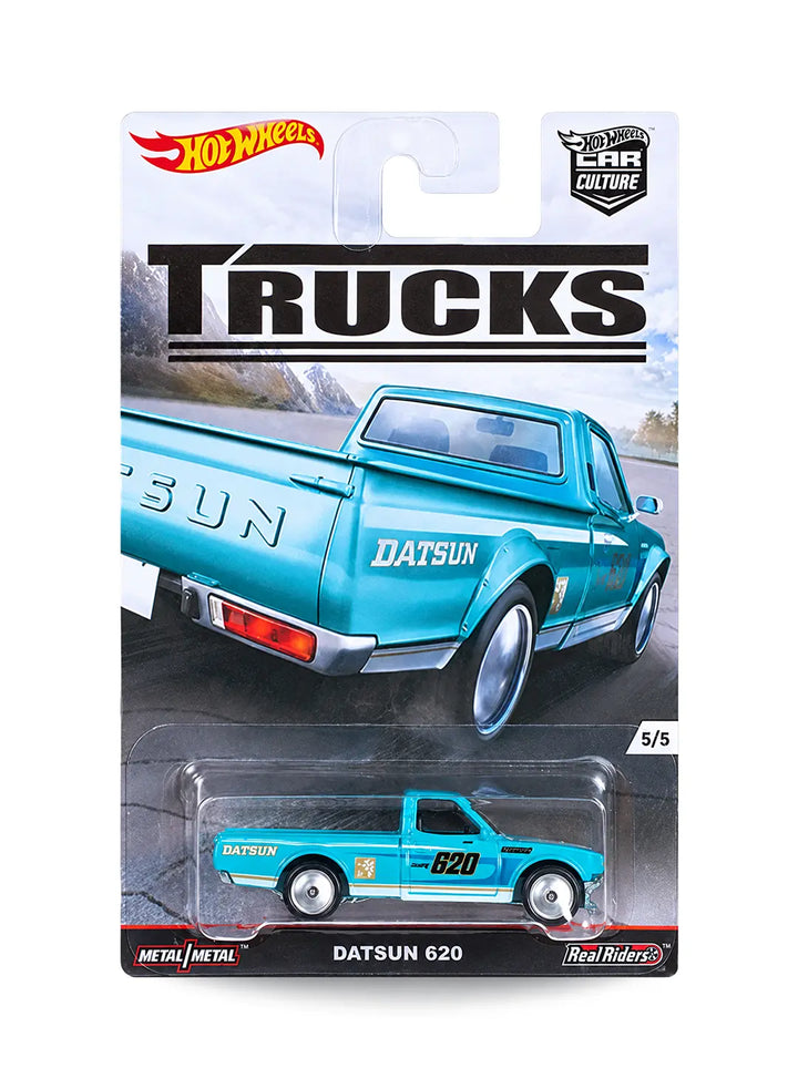 Hot Wheels Car Culture Trucks Datsun 620 1:64 scale premium diecast pickup truck mint on its original 5/5 numbered series blister card showcasing the rear tailgate of a blue vintage truck.
