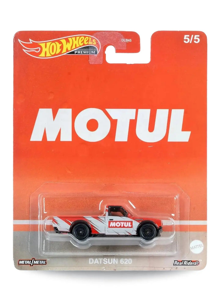 Hot Wheels Premium Pop Culture Vintage Oil Datsun 620 1:64 scale premium diecast pickup truck mint on its original orange Motul branding blister card.