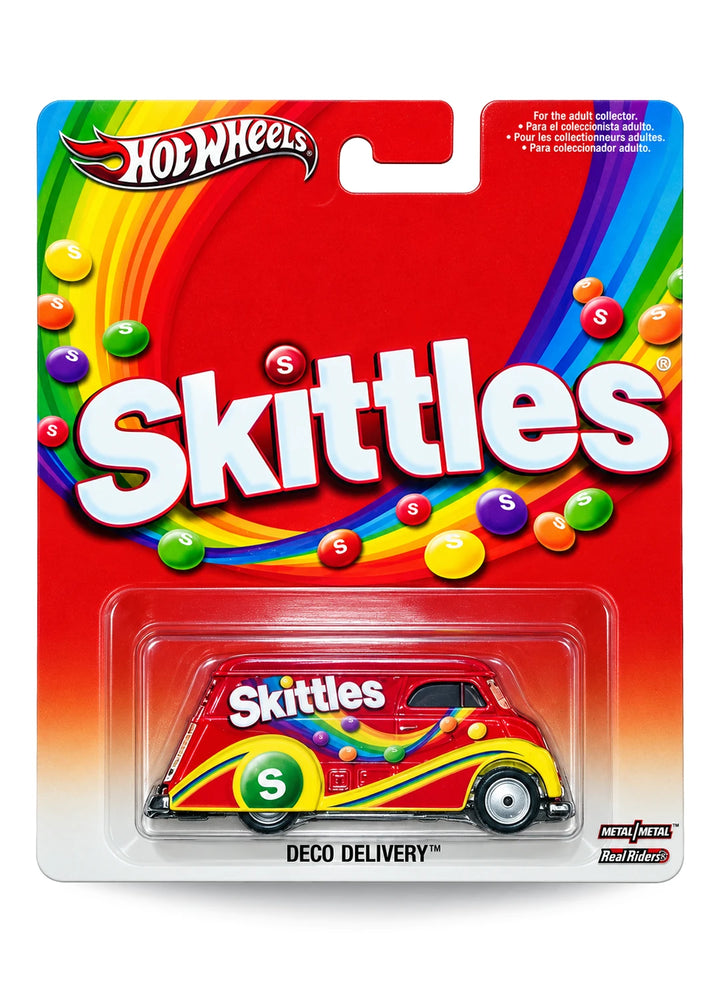 Hot Wheels Pop Culture Mars Candy Skittles Deco Delivery 1:64 scale diecast truck mint on its original rainbow branded blister card.