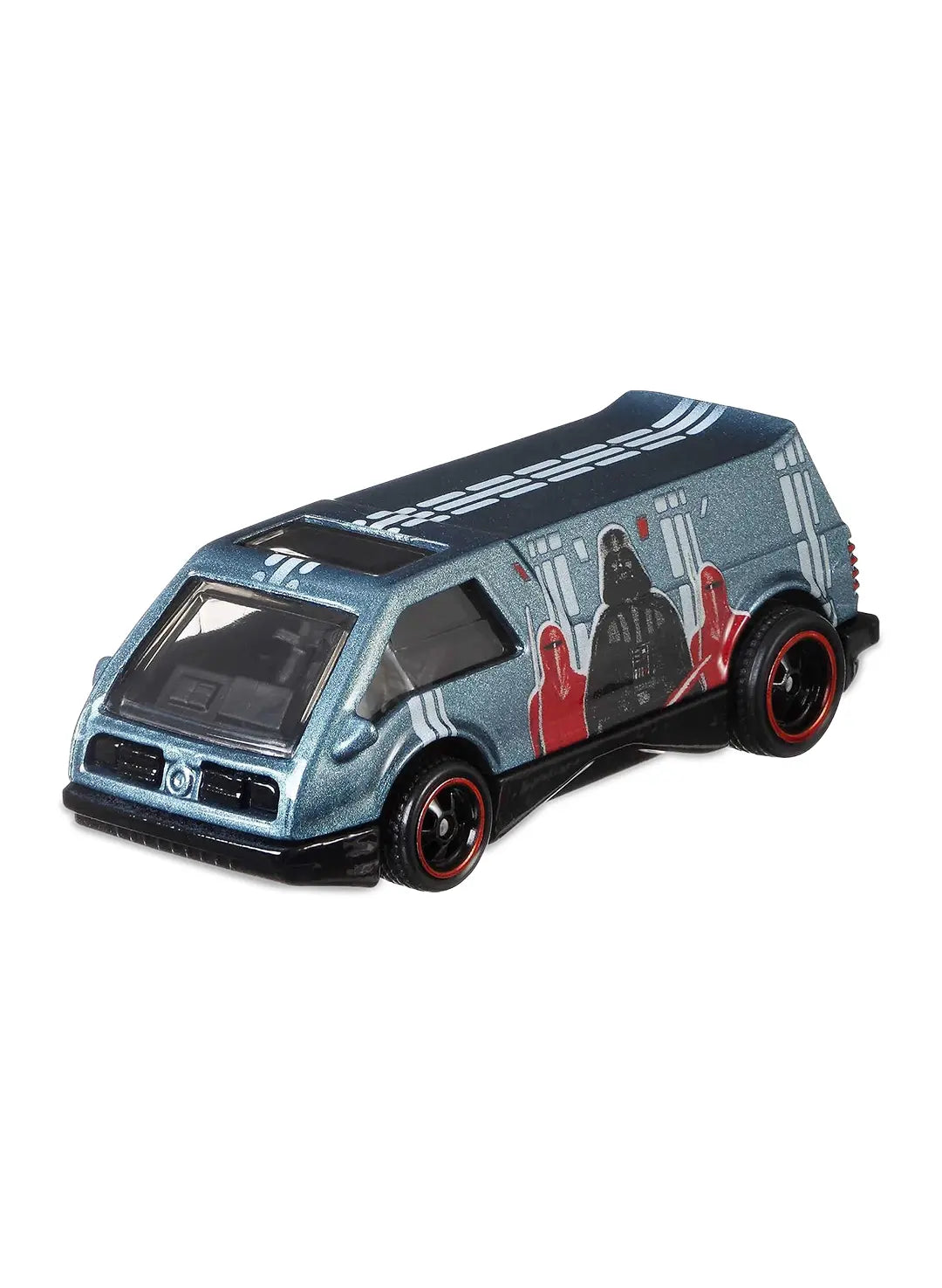 Close-up view of the metallic blue Hot Wheels Darth Vader Dream Van XGW showing side character graphics and red-rimmed black wheels.