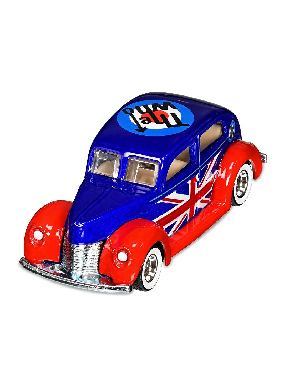Close-up view of the metallic blue Hot Wheels 2013 The Who Fat Fendered '40 hot rod showing side Union Jack graphics and white-wall Real Riders wheels.