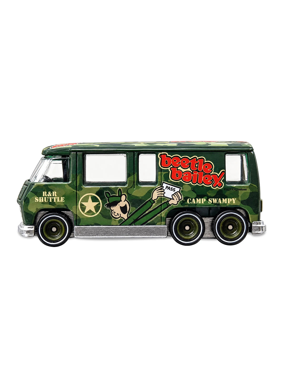 Close-up view of the camouflage green Hot Wheels 2013 Beetle Bailey GMC Motorhome showing U.S. Army side graphics and olive drab Real Riders wheels.
