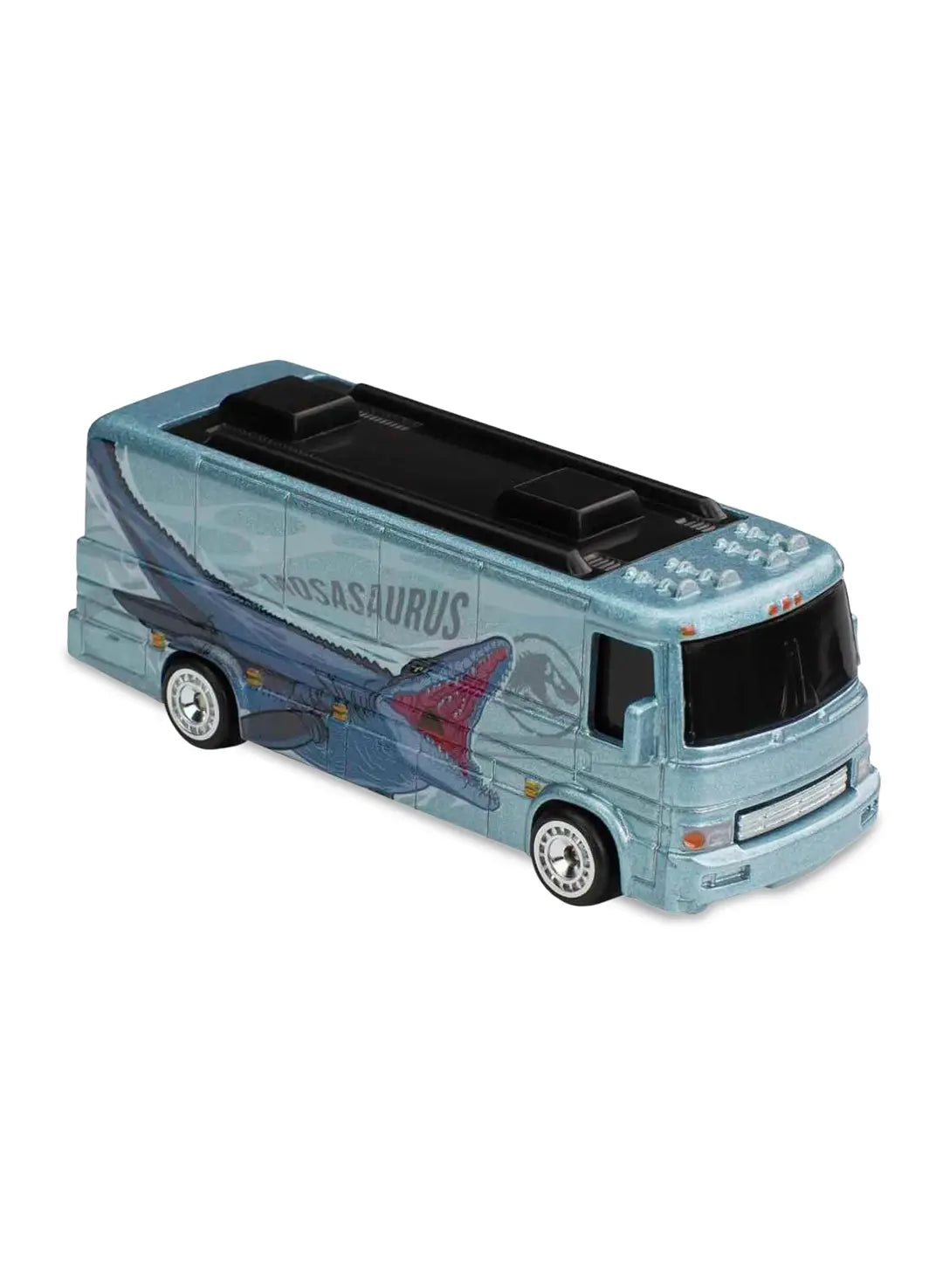 Close-up view of the metallic blue Hot Wheels Mosasaurus HW Tour Bus showing aquatic graphics and chrome wheels.