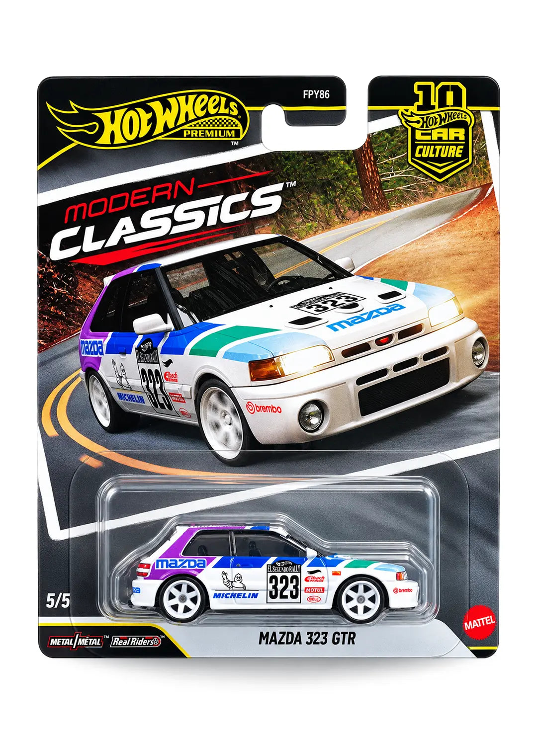 Hot Wheels Car Culture Modern Classics Mazda 323 GTR 1:64 scale premium diecast car mint on its original highly collectible 5/5 variant blister card featuring retro JDM rally-spec graphics and premium card backing design.