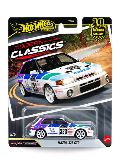 Hot Wheels Car Culture Modern Classics Mazda 323 GTR 1:64 scale premium diecast car mint on its original highly collectible 5/5 variant blister card featuring retro JDM rally-spec graphics and premium card backing design.