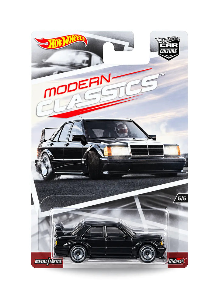 Hot Wheels Car Culture Modern Classics Mercedes-Benz 190E 2.5-16 EVO II 1:64 scale premium diecast car mint on its original highly collectible 5/5 variant blister card highlighting the new casting introduction and sleek dark profile graphics.