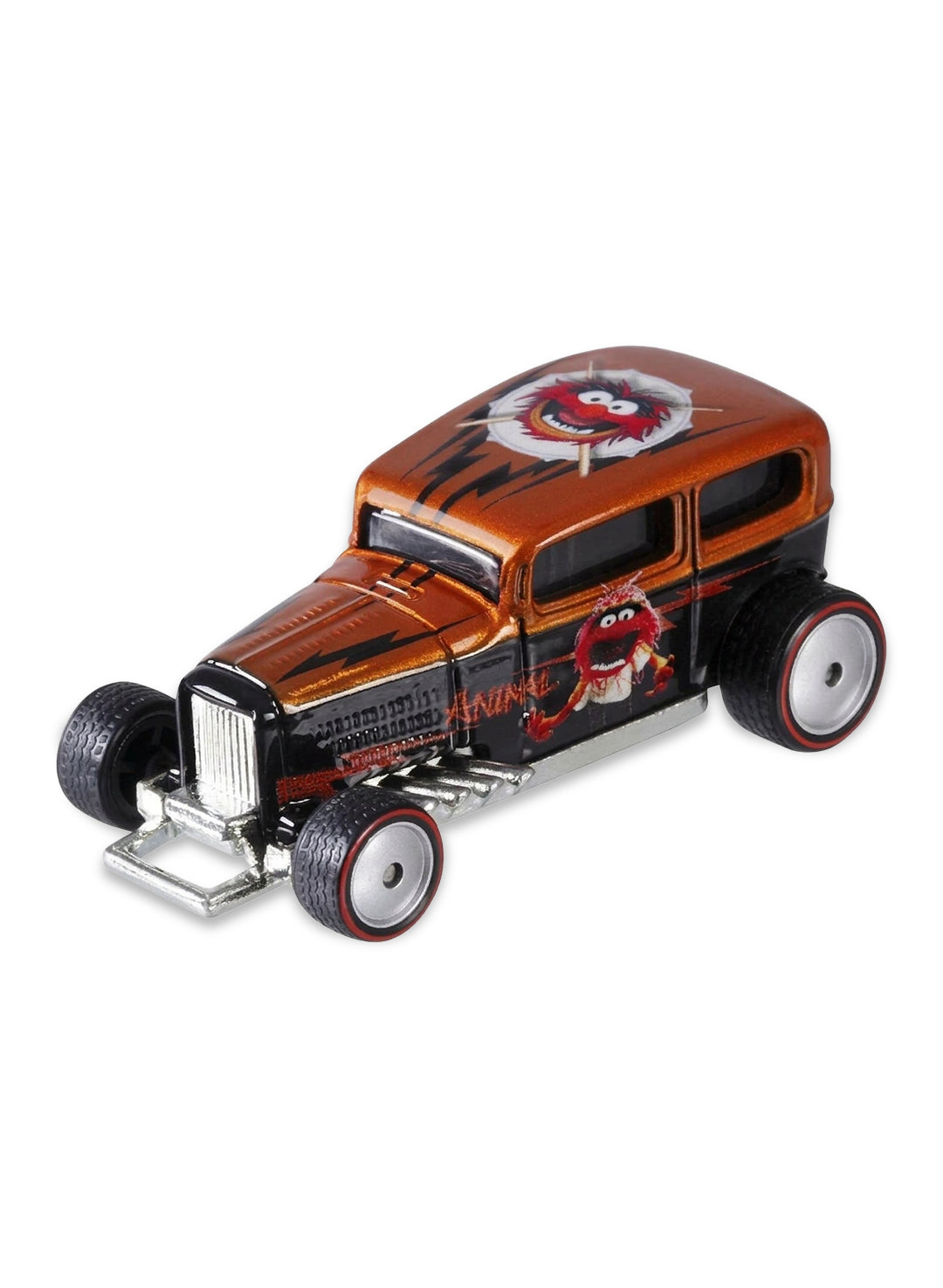 Close-up view of the metallic dark brown Hot Wheels 2014 The Muppets Midnight Otto showing side Animal graphics and red-rimmed Real Riders wheels.
