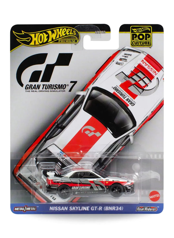 Hot Wheels Premium Pop Culture Nissan Skyline GT-R (BNR34) 1:64 scale premium diecast car mint on its original Gran Turismo 7 video game themed blister card.