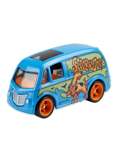 Close-up view of the light blue Hot Wheels Scooby-Doo Quick D-Livery van showing Mystery Machine style graphics and orange Real Riders wheels.