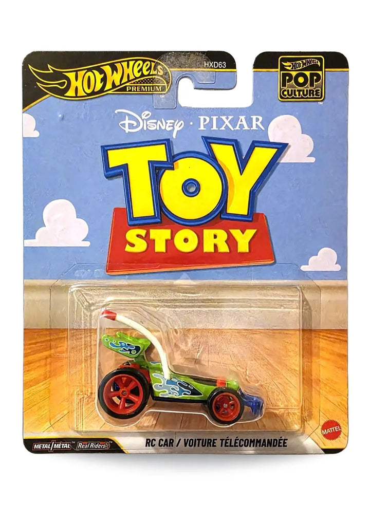 Hot Wheels Premium Pop Culture Disney Pixar Toy Story RC Car 1:64 scale premium diecast vehicle mint on its original Andy's bedroom themed blue cloud wallpaper blister card.
