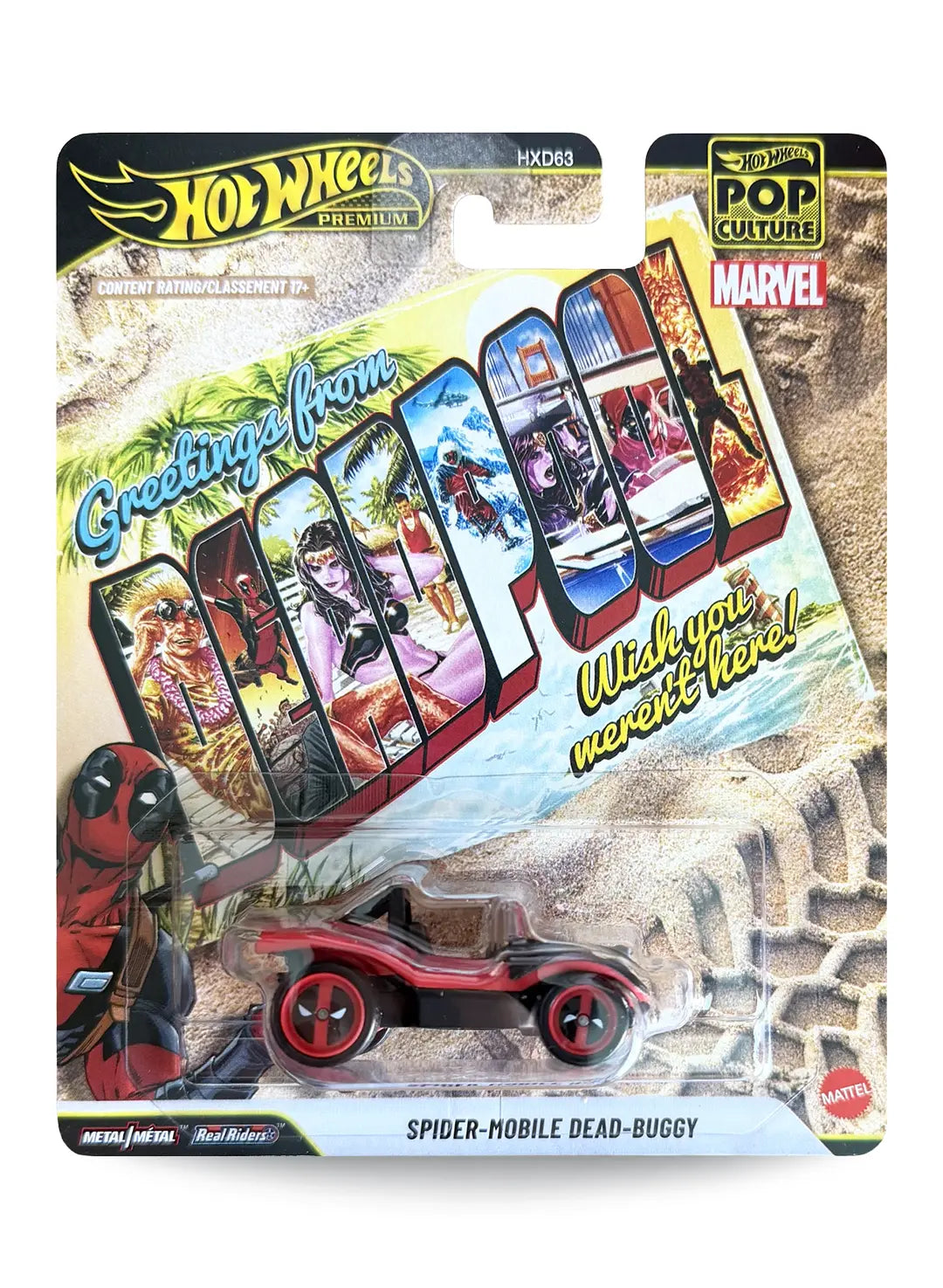 Hot Wheels Premium Pop Culture Marvel Spider-Mobile Dead-Buggy 1:64 scale premium diecast car mint on its original sand-dune postcard themed blister card with a large "Greetings from Deadpool" layout.