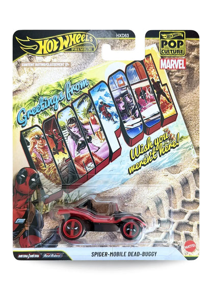 Hot Wheels Premium Pop Culture Marvel Spider-Mobile Dead-Buggy 1:64 scale premium diecast car mint on its original sand-dune postcard themed blister card with a large "Greetings from Deadpool" layout.