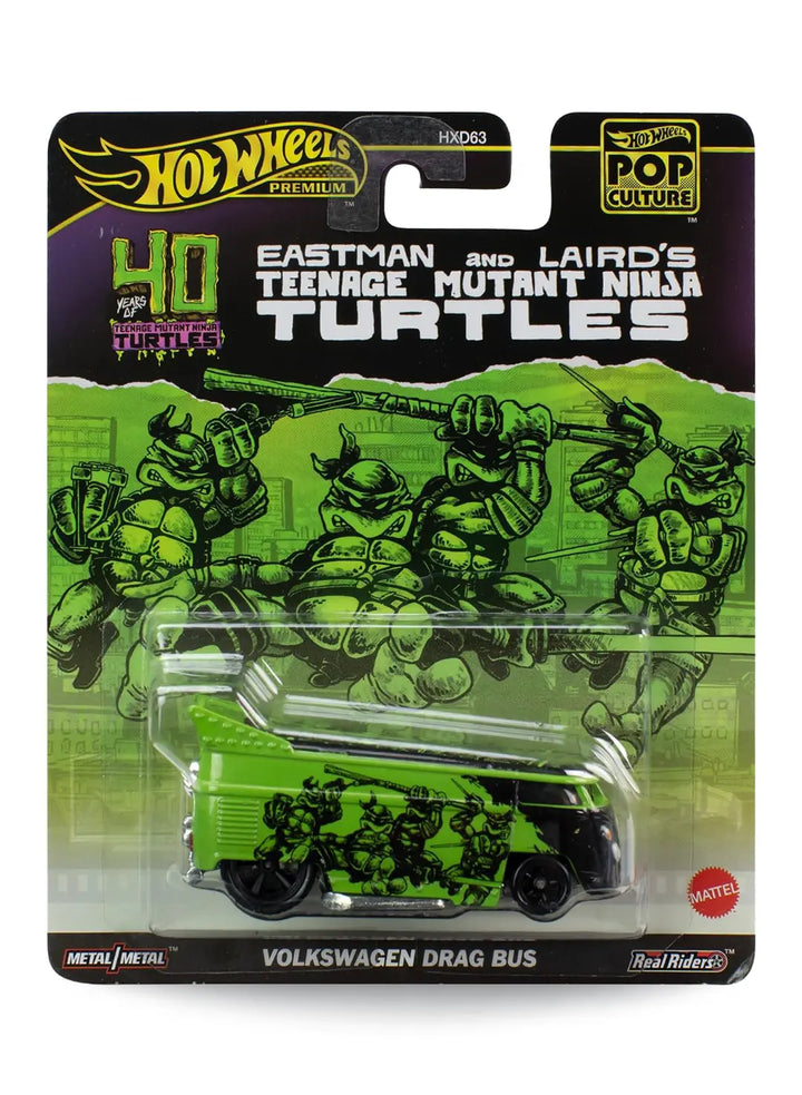 Hot Wheels Premium Pop Culture Teenage Mutant Ninja Turtles Volkswagen Drag Bus 1:64 scale premium diecast vehicle mint on its original TMNT 40 Years comic themed blister card.