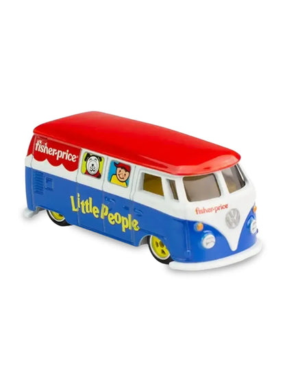 Close-up view of the two-tone blue and white Hot Wheels Little People Volkswagen T1 Panel Bus showing yellow wheels.