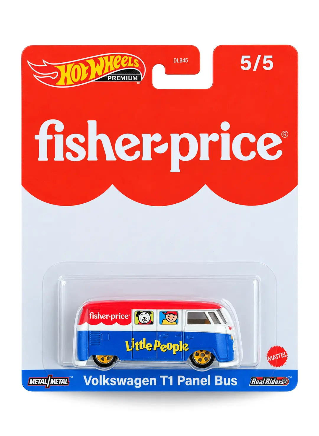Hot Wheels Pop Culture Fisher-Price Volkswagen T1 Panel Bus 1:64 scale premium diecast van mint on retro scallop card.