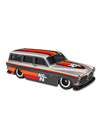Close-up view of the charcoal grey Hot Wheels K&N Volvo P220 Amazon Estate wagon showing side racing stripes and black multi-spoke Real Riders wheels.