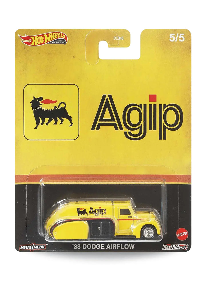 Hot Wheels Pop Culture Vintage Oil Agip '38 Dodge Airflow 1:64 scale premium diecast truck mint on its original six-legged dog card.