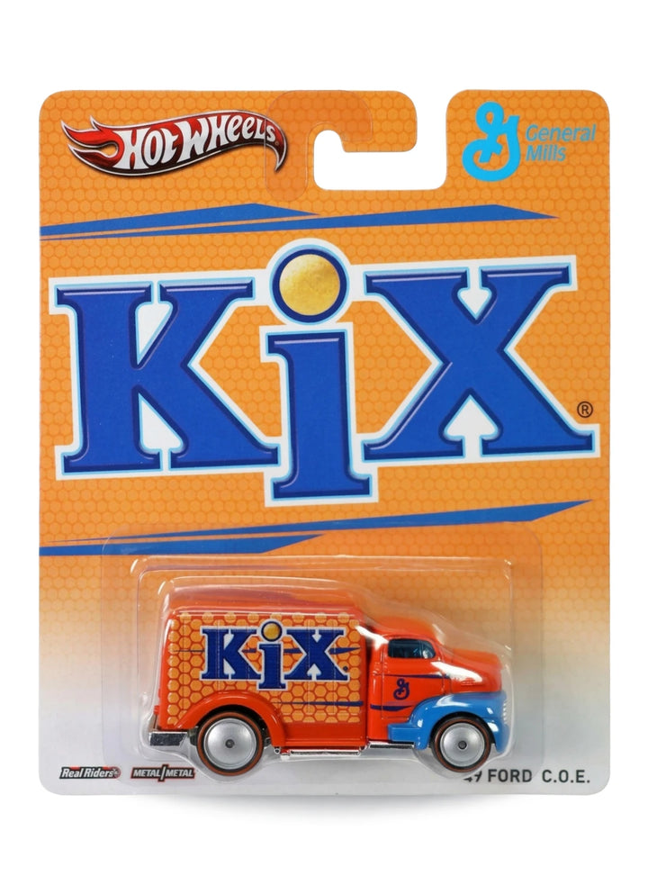 Hot Wheels Pop Culture 2013 General Mills KiX '49 Ford C.O.E. 1:64 scale diecast truck mint on its original cereal brand blister card.