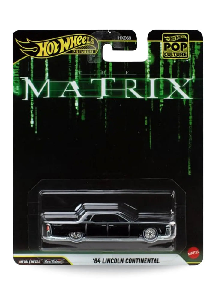 Hot Wheels Premium Pop Culture The Matrix '64 Lincoln Continental 1:64 scale premium diecast car mint on its original sci-fi themed black card with green digital rain cascading code lines.