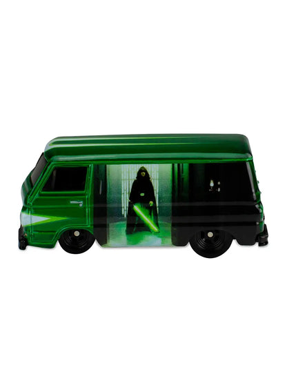 Close-up view of the two-tone green and black Hot Wheels Luke Skywalker '66 Dodge A100 van showing blacked-out wheels.