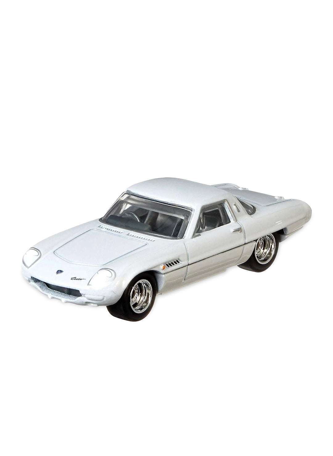 Close-up view of the pearlescent swan white Hot Wheels '68 Mazda Cosmo Sport showing realistic headlight and taillight detailing and signature deep-dish Real Riders wheels.