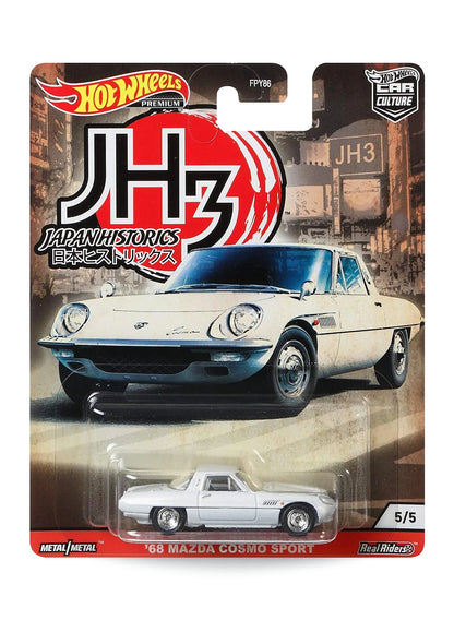 Hot Wheels Car Culture Japan Historics 3 '68 Mazda Cosmo Sport 1:64 scale premium diecast coupe mint on its original white-themed JH3 blister card.