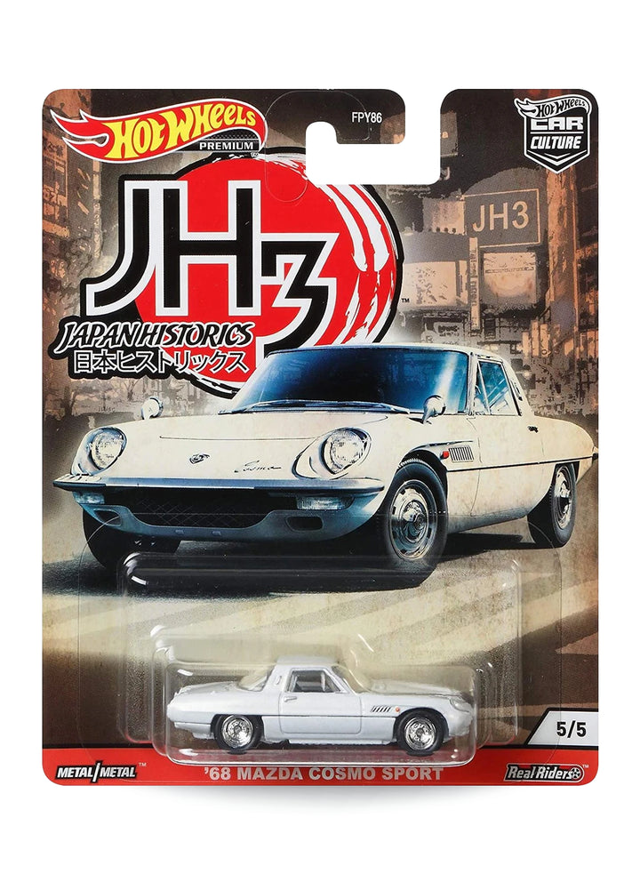 Hot Wheels Car Culture Japan Historics 3 '68 Mazda Cosmo Sport 1:64 scale premium diecast coupe mint on its original white-themed JH3 blister card.