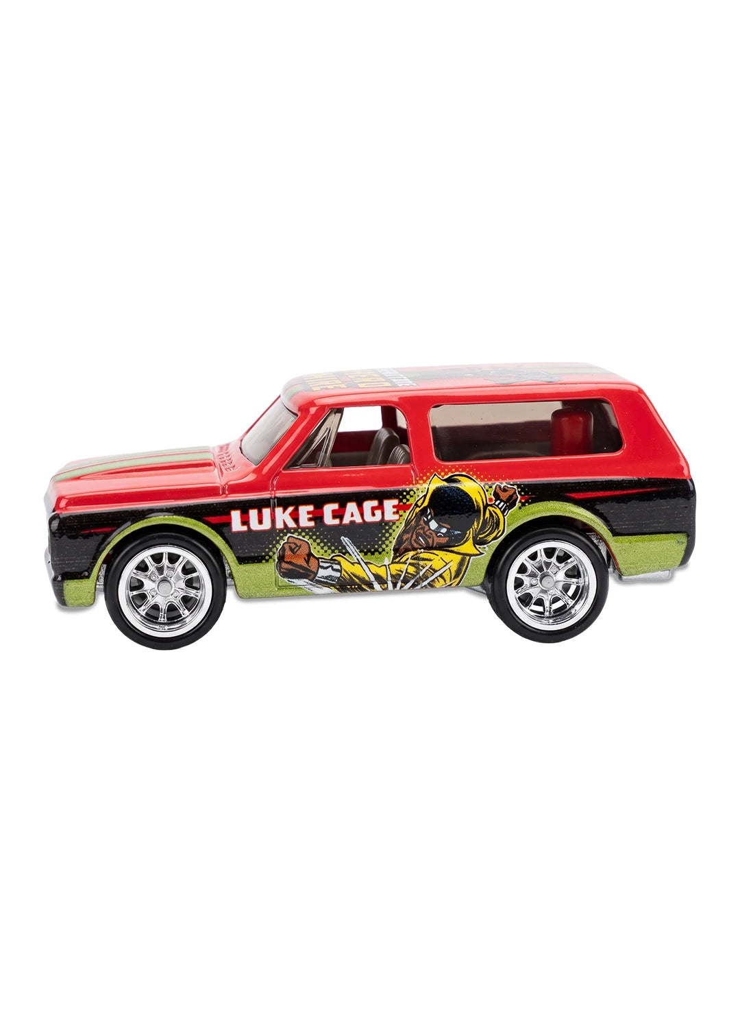 Close-up view of the orange Hot Wheels Luke Cage '70 Chevy Blazer showing side action graphics and 8-spoke Real Riders wheels.