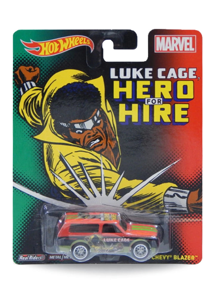 Hot Wheels Pop Culture Marvel Luke Cage Hero for Hire '70 Chevy Blazer 1:64 scale diecast truck mint on its original retro comic art blister card.