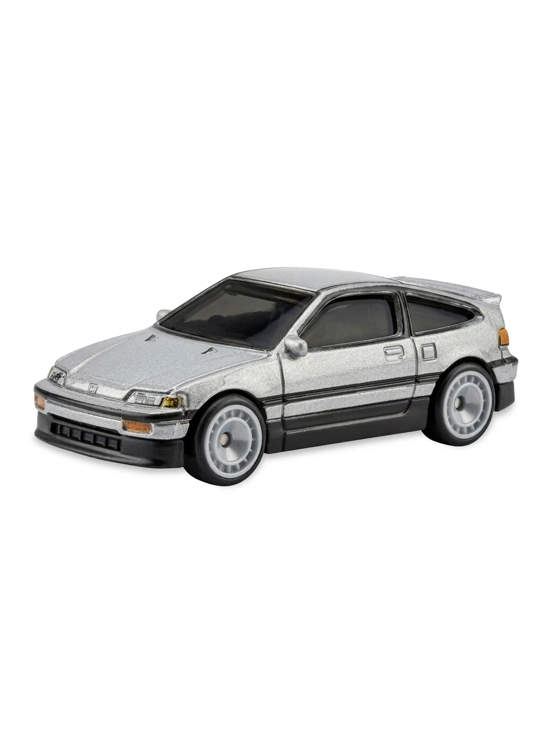 Close-up view of the sleek silver Hot Wheels '88 Honda CRX hatchback showing an all-metal chassis and white-painted disc Real Riders Aero Wheels.